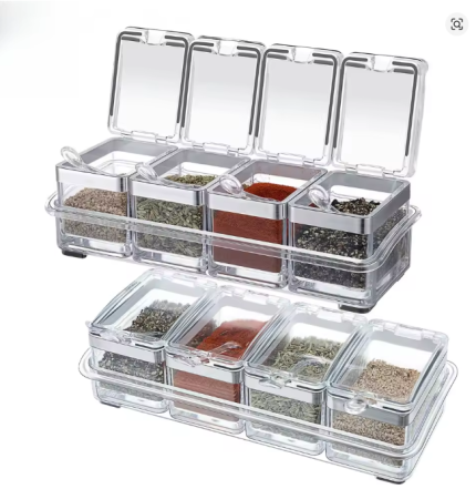 KEELION 4 Piece Clear Seasoning Box Set Storage Container Condiment Jars for Spice Salt Sugar Cruet Seasoning Rack Spice Pots with Cover